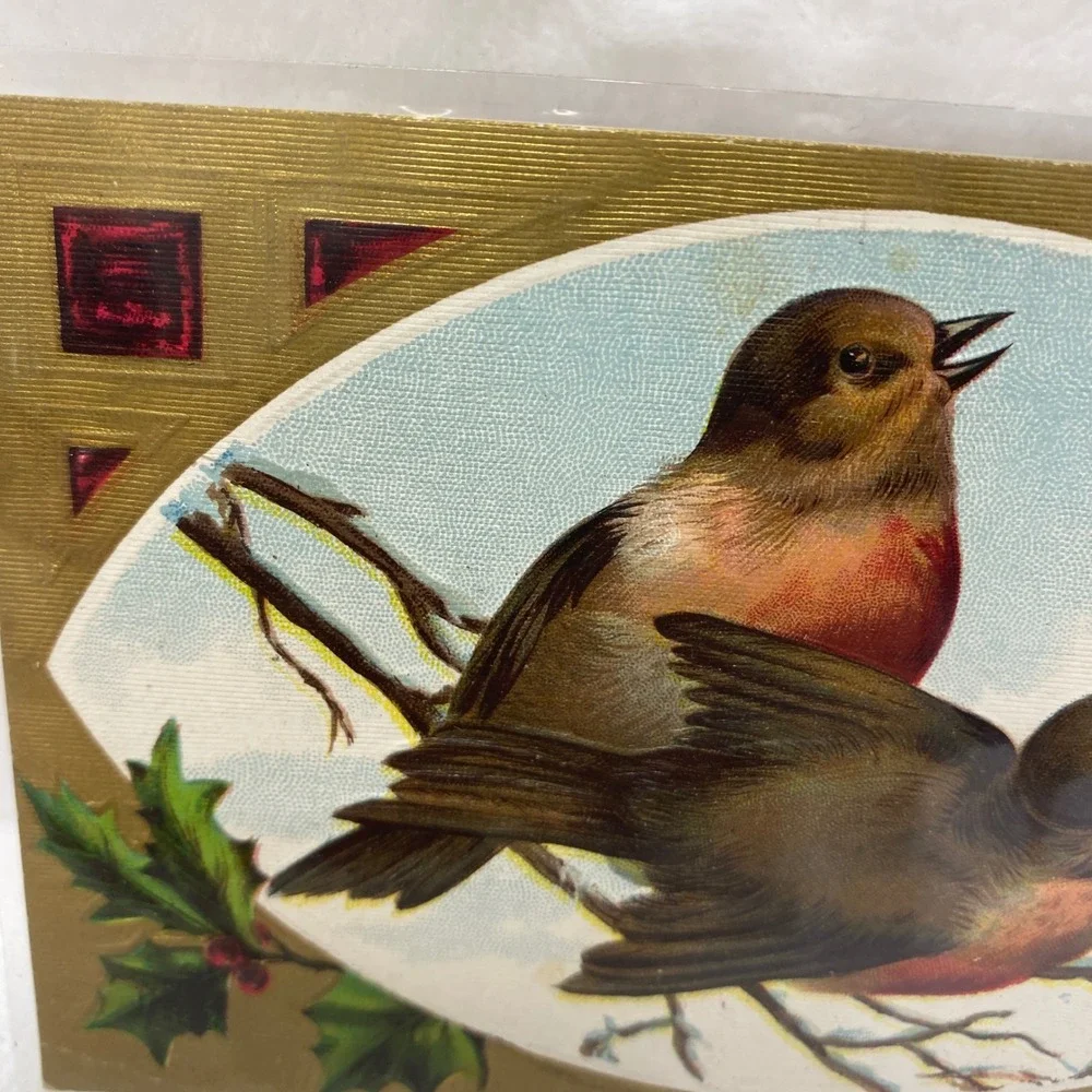 Antique 1908 Christmas‎ Postcard Two Birds In Protective Sleeve No Postmark